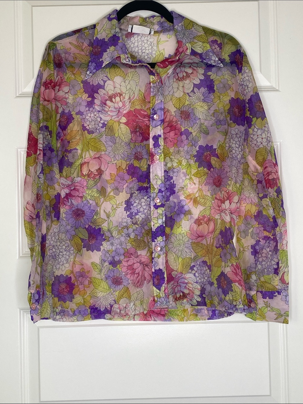 70s Vintage Sheer Floral Button-Up Blouse in Purple, Pink & Green